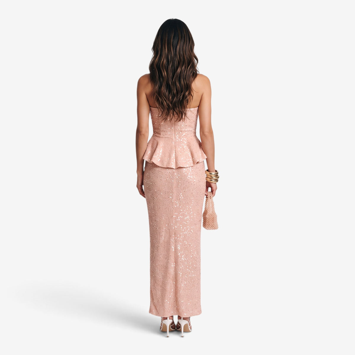 Vestido Largo de Lentejuelas con Péplum para Mujer