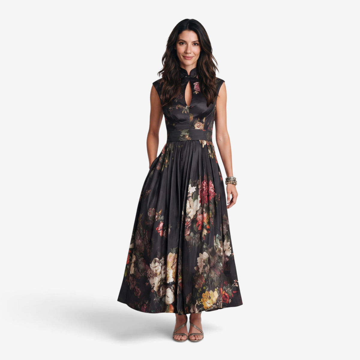 Vestido Midi Floral con Cuello Mandarín para Mujer