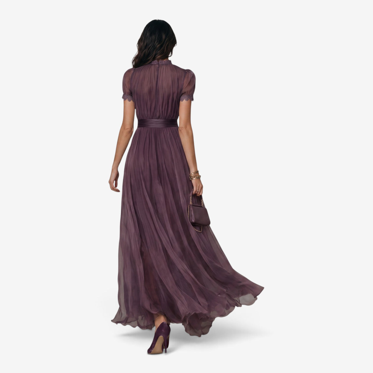 Vestido Maxi con Encaje y Cuello Alto para Mujer