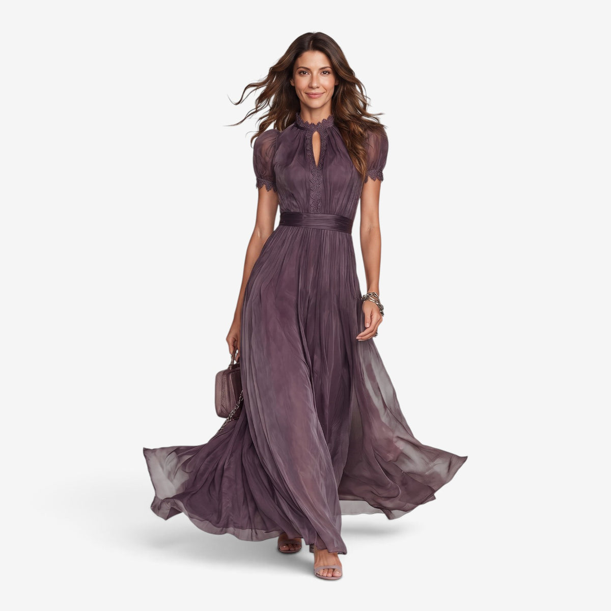 Vestido Maxi con Encaje y Cuello Alto para Mujer
