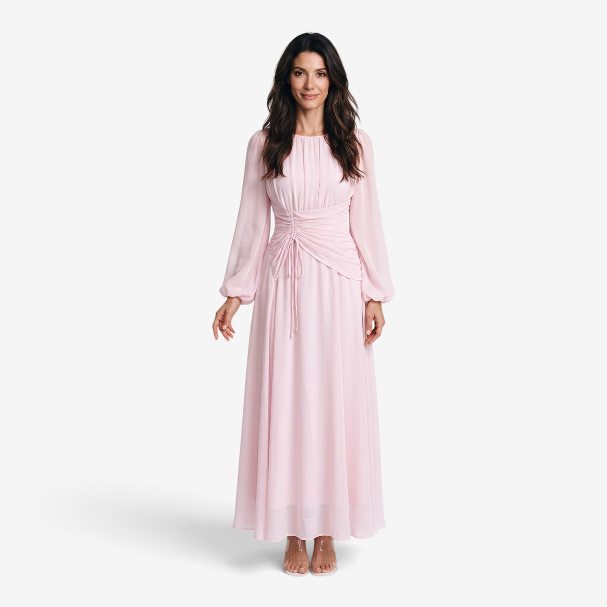 Vestido Largo Drapeado de Manga Larga para Mujer