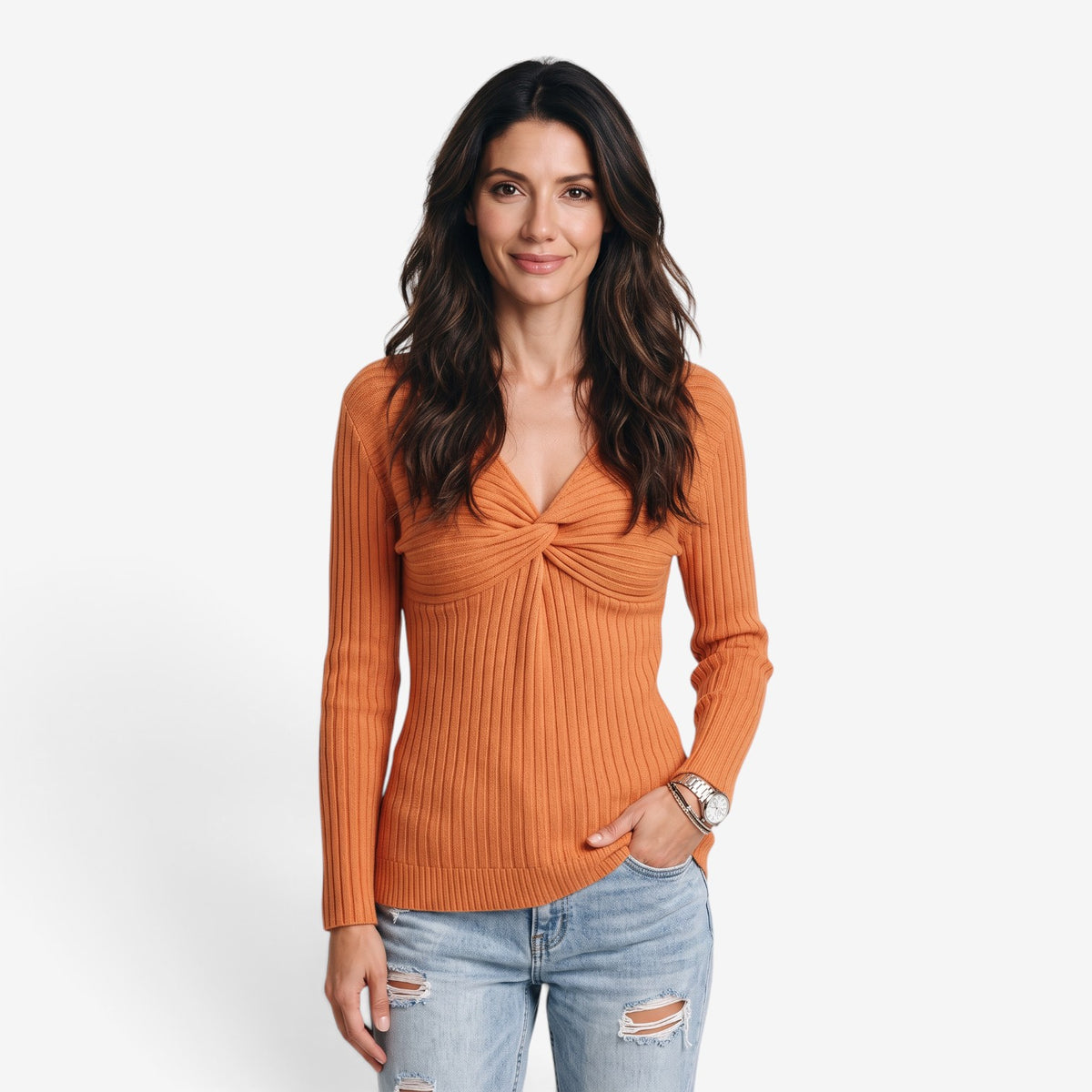 Jersey de Punto con Nudo y Cuello en V para Mujer