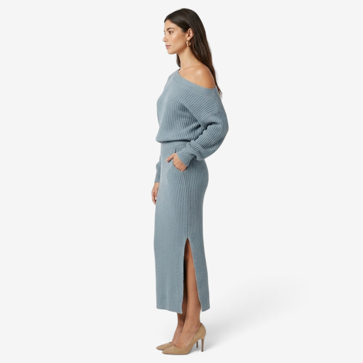 Conjunto de Punto Asimétrico con Falda Larga para Mujer