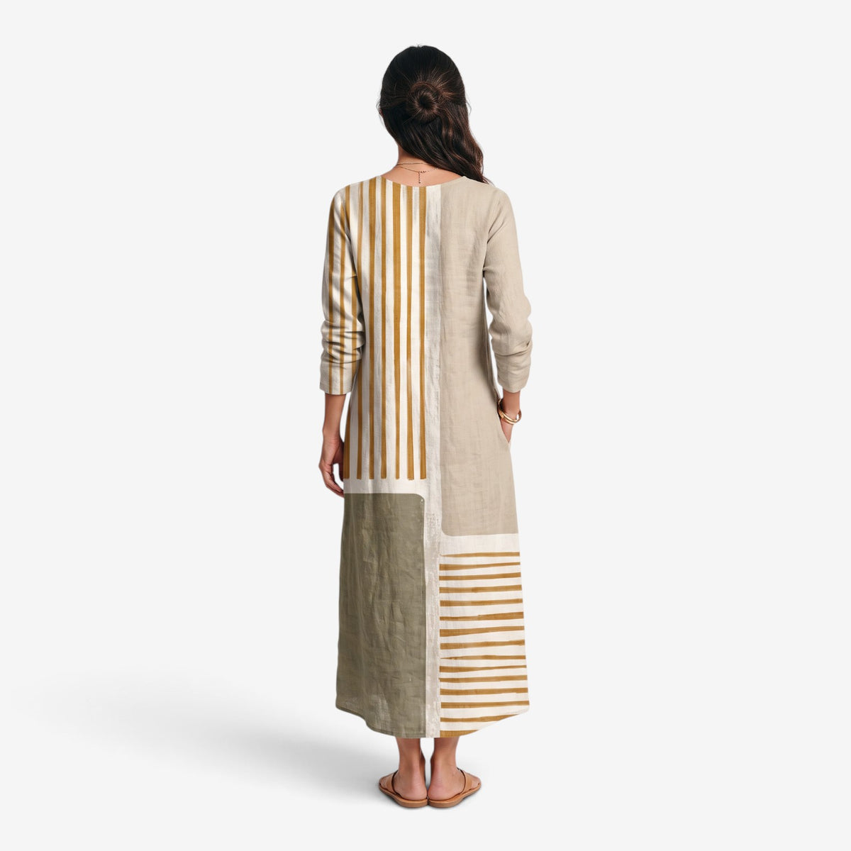 Vestido Largo de Lino con Rayas para Mujer