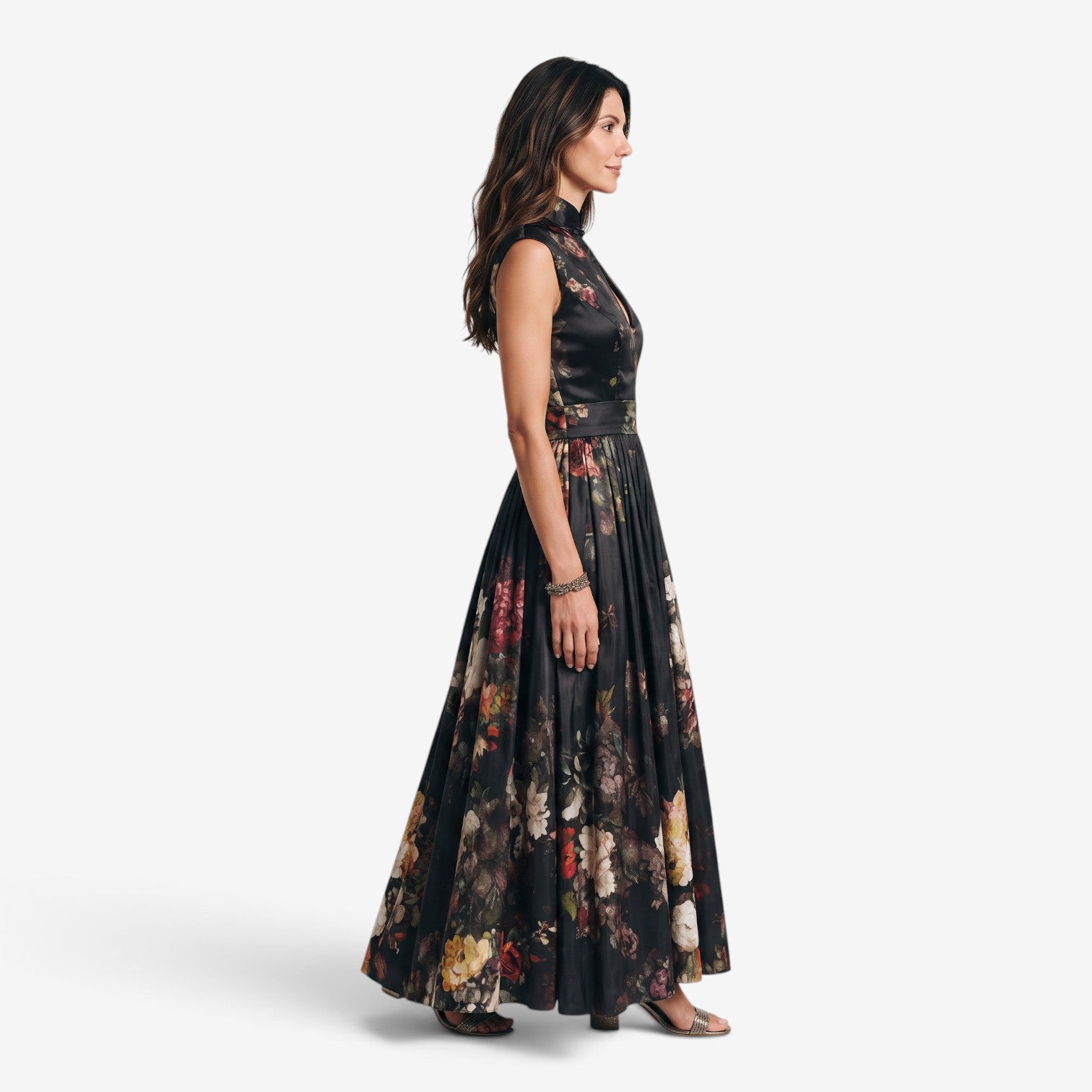 Vestido Midi Floral con Cuello Mandarín para Mujer