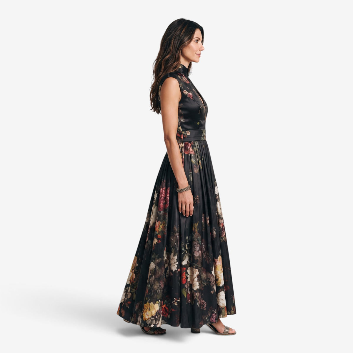 Vestido Midi Floral con Cuello Mandarín para Mujer