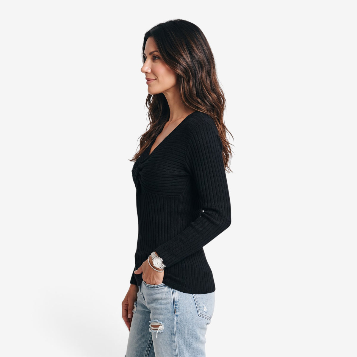 Jersey de Punto con Nudo y Cuello en V para Mujer