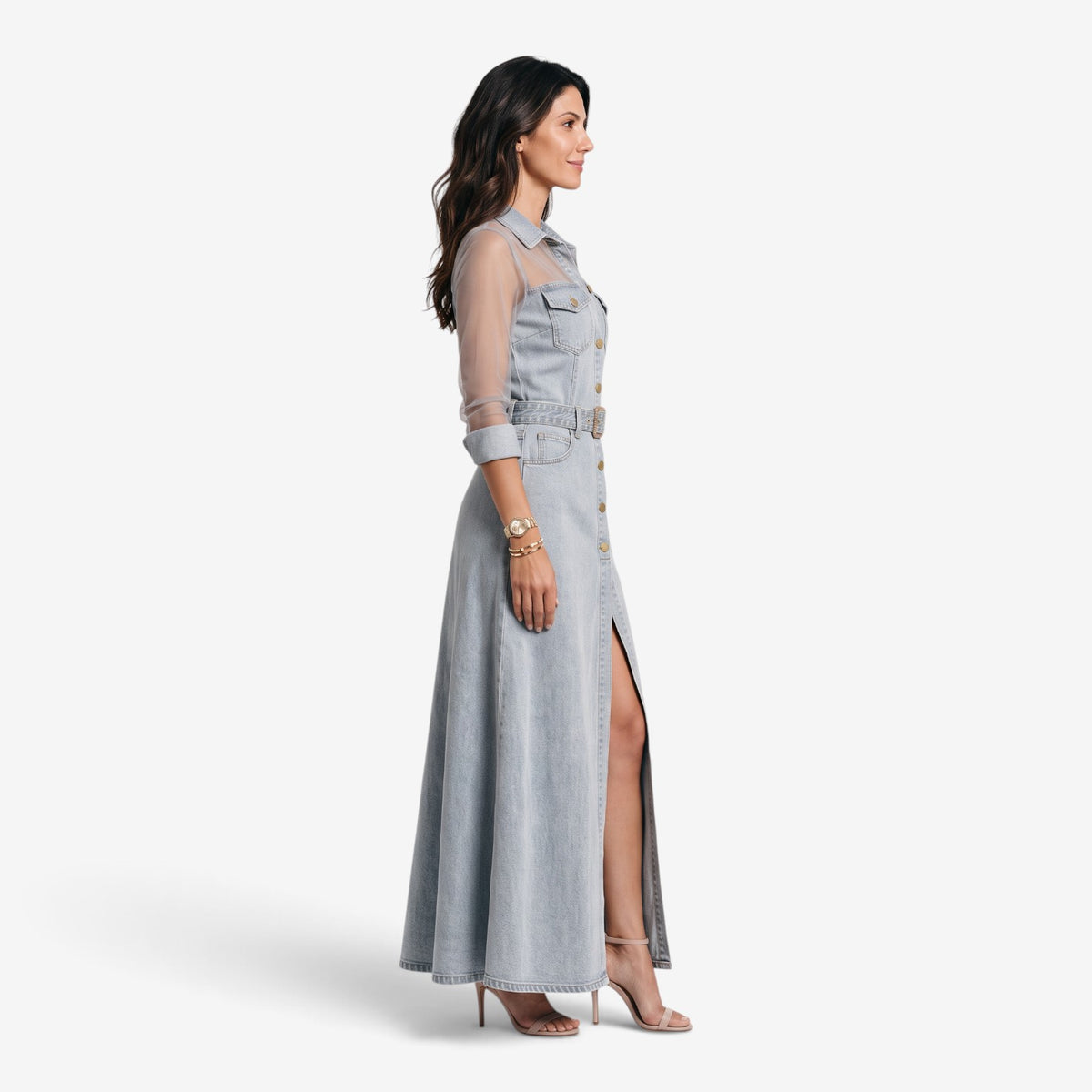 Vestido Vaquero Largo con Mangas Transparentes para Mujer
