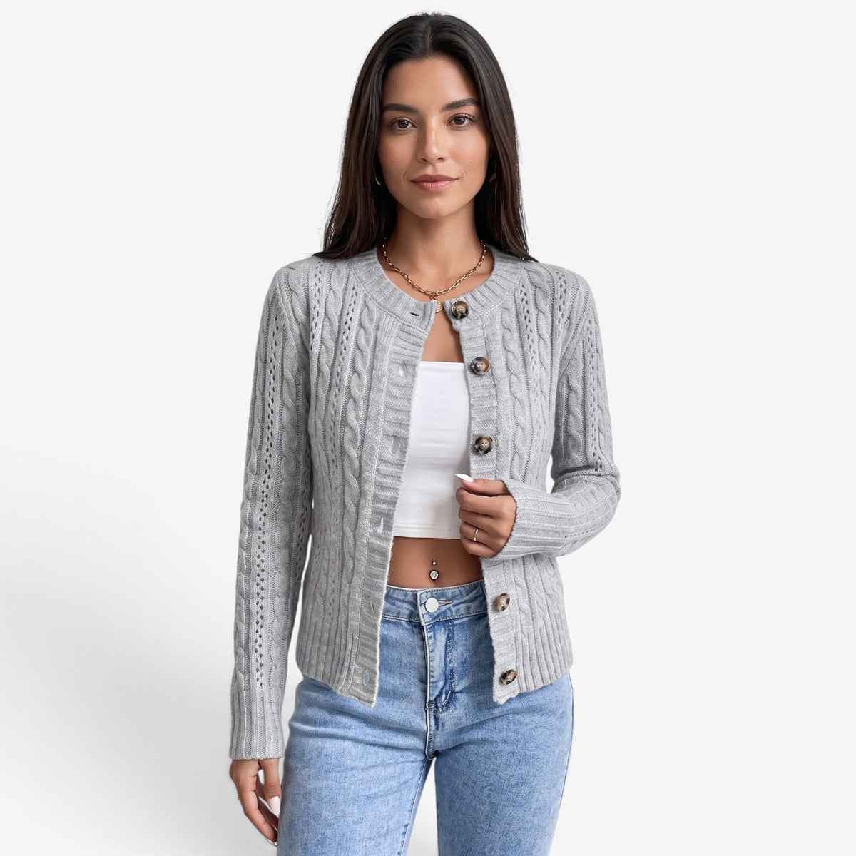 Cárdigan de Punto Trenzado con Botones para Mujer