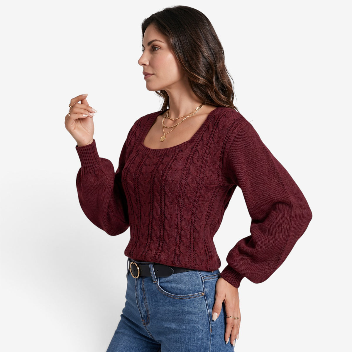 Jersey de Punto Trenzado con Escote Cuadrado para Mujer