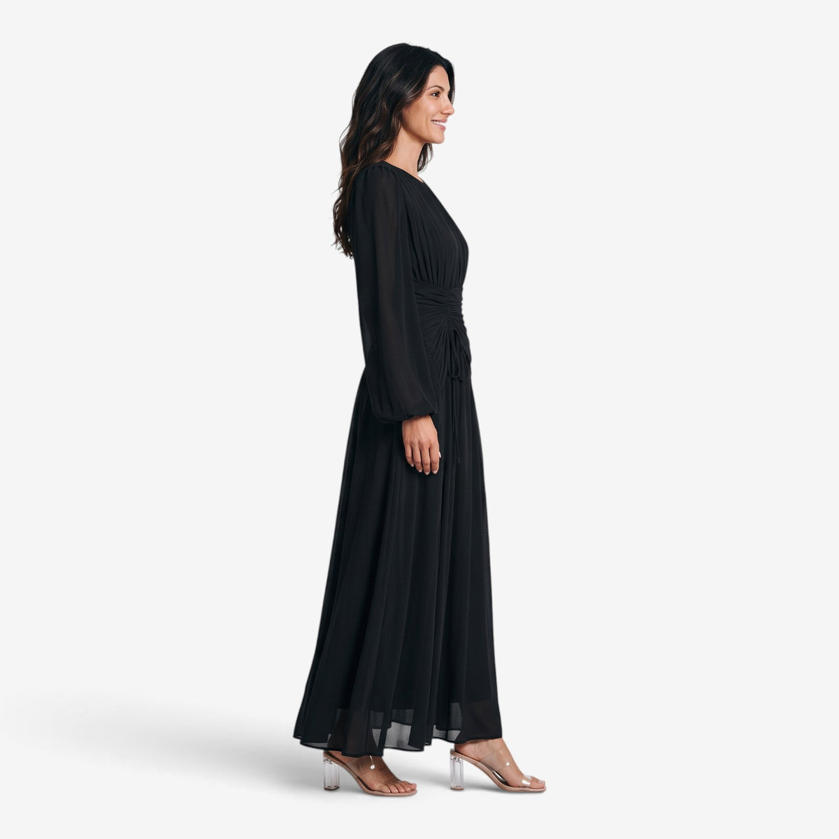 Vestido Largo Drapeado de Manga Larga para Mujer
