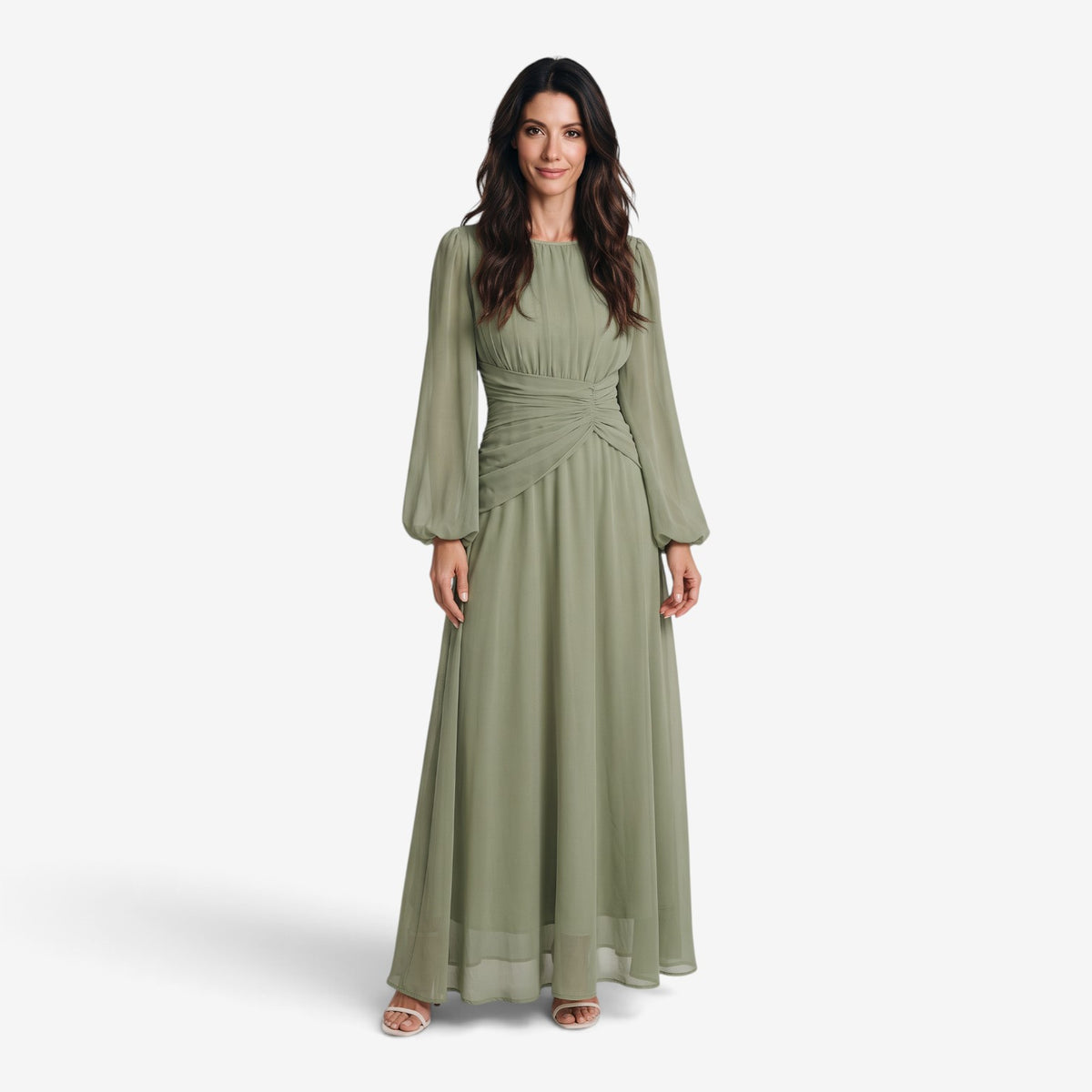 Vestido Largo Drapeado de Manga Larga para Mujer