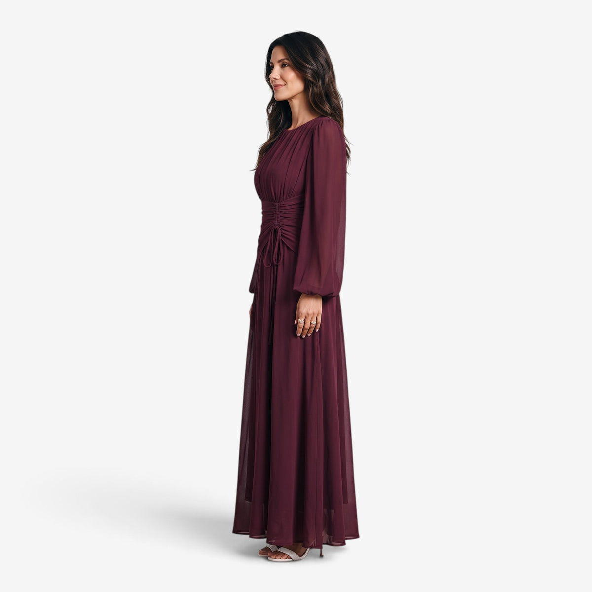 Vestido Largo Drapeado de Manga Larga para Mujer