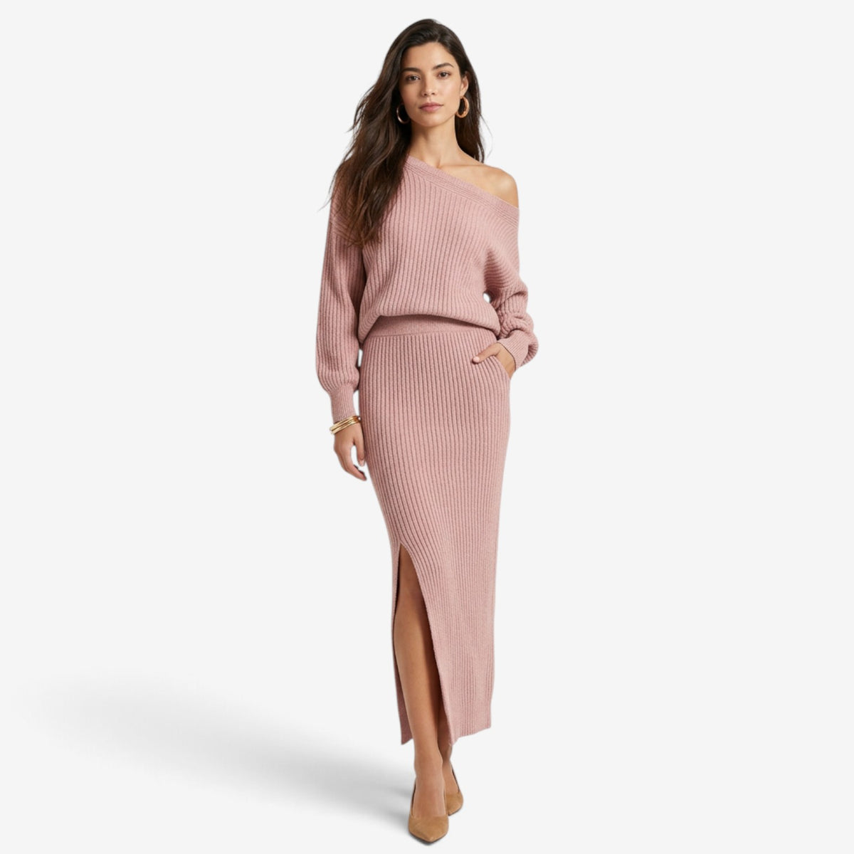 Conjunto de Punto Asimétrico con Falda Larga para Mujer