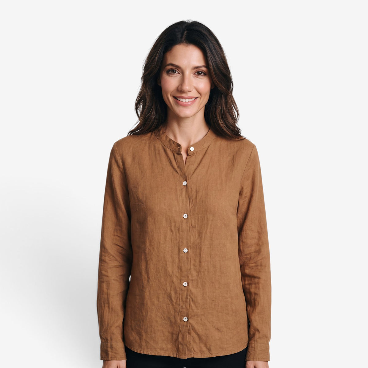 Blusa de Lino y Algodón con Cuello Mao para Mujer