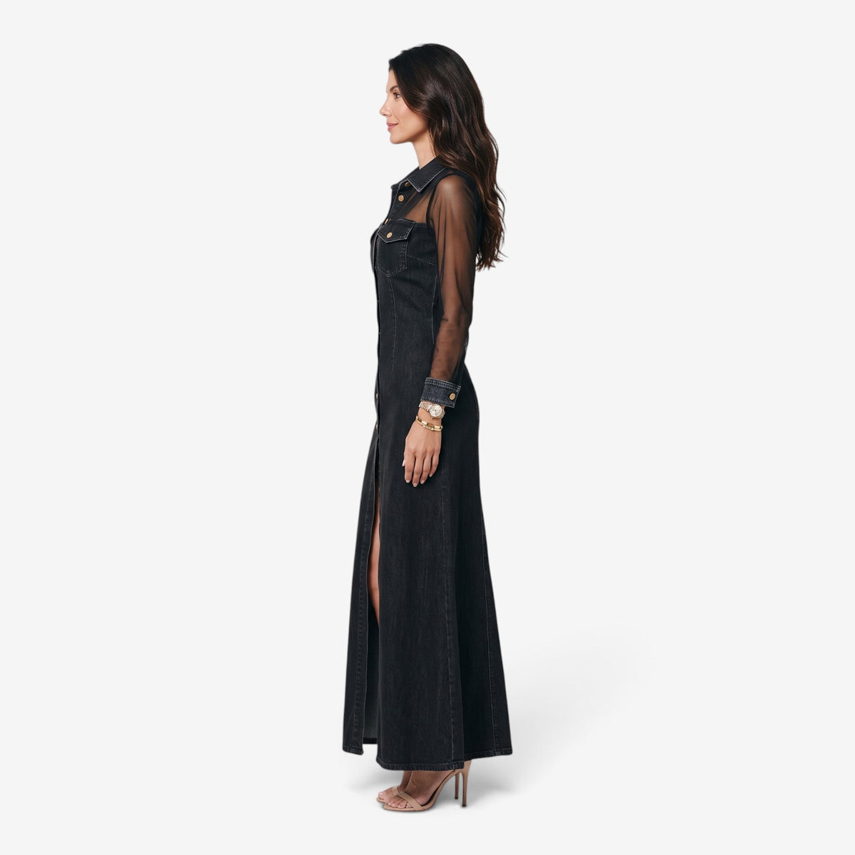 Vestido Vaquero Largo con Mangas Transparentes para Mujer