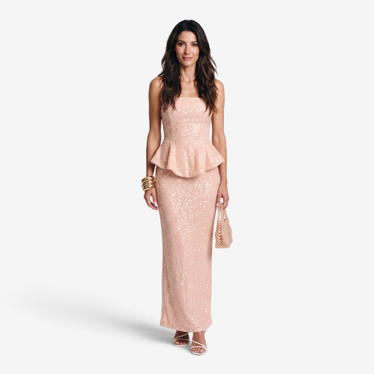 Vestido Largo de Lentejuelas con Péplum para Mujer