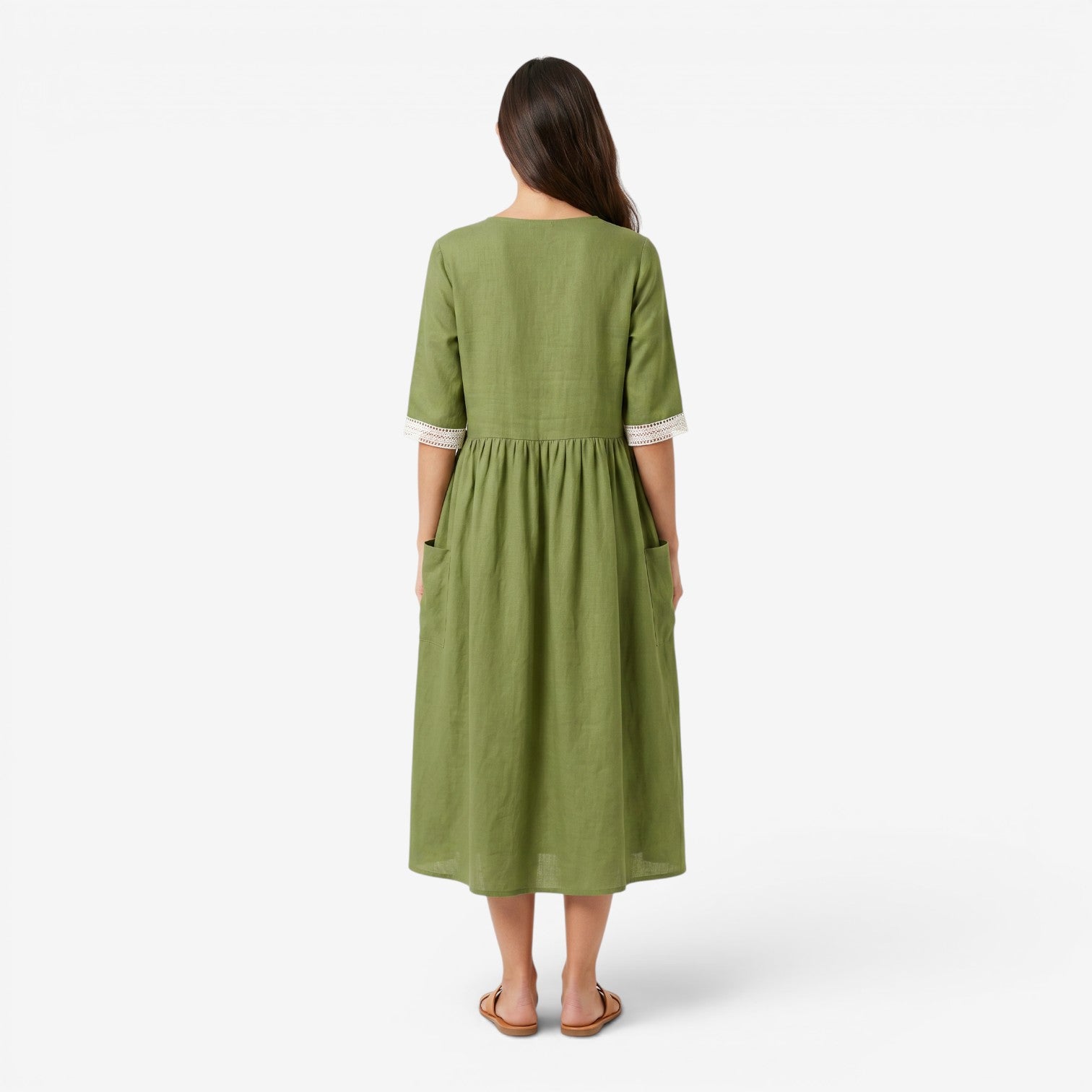 Vestido Midi de Algodón y Lino con Cuello de Encaje