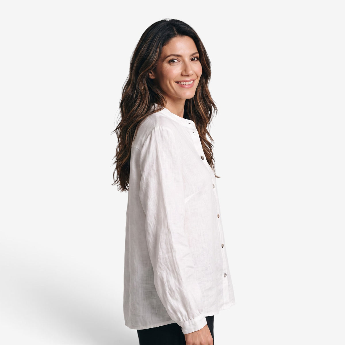 Blusa de Lino y Algodón con Cuello Mao para Mujer