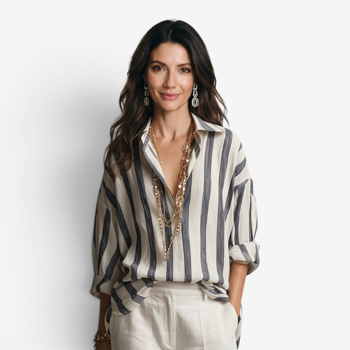 Blusa de Rayas con Cuello Camisero para Mujer
