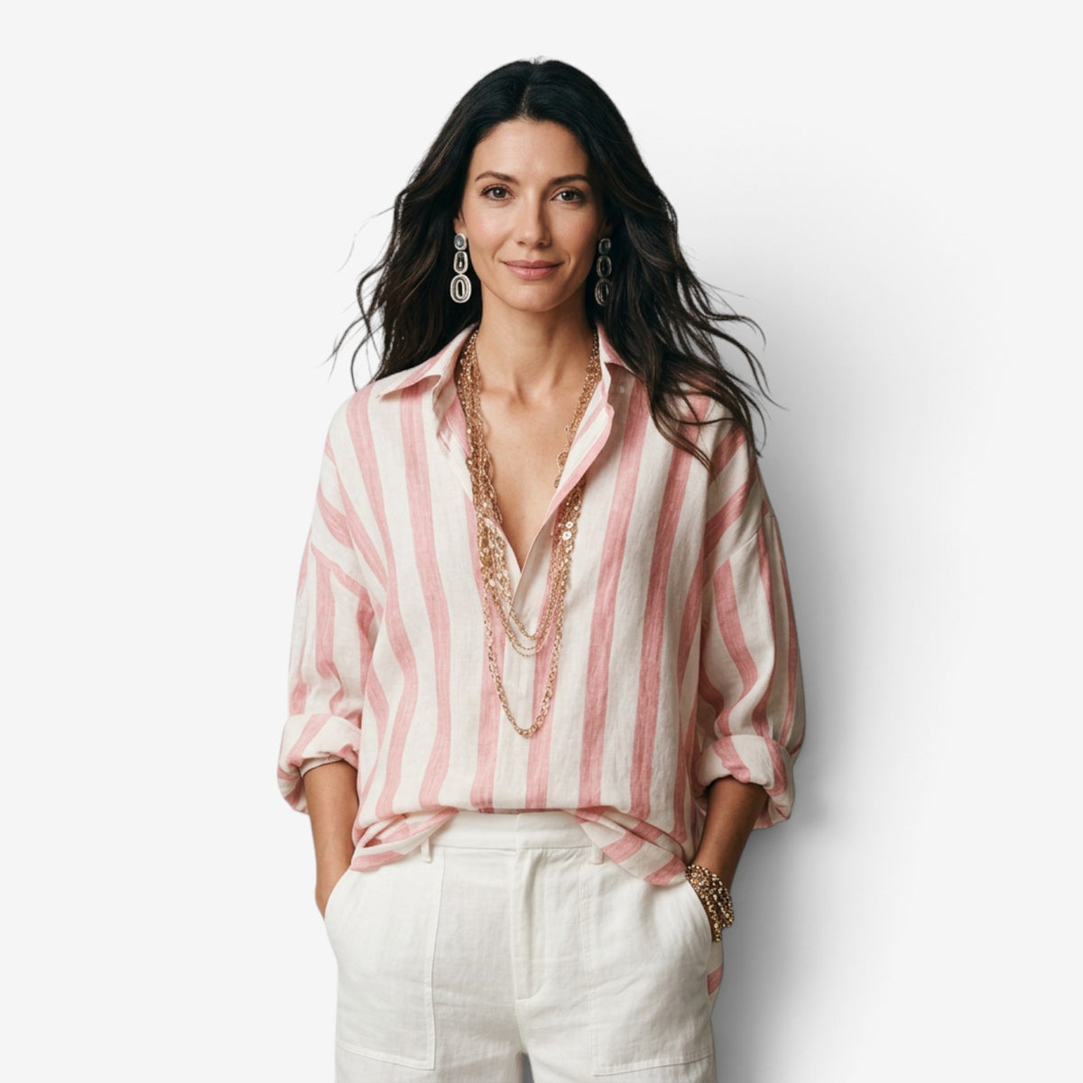 Blusa de Rayas con Cuello Camisero para Mujer