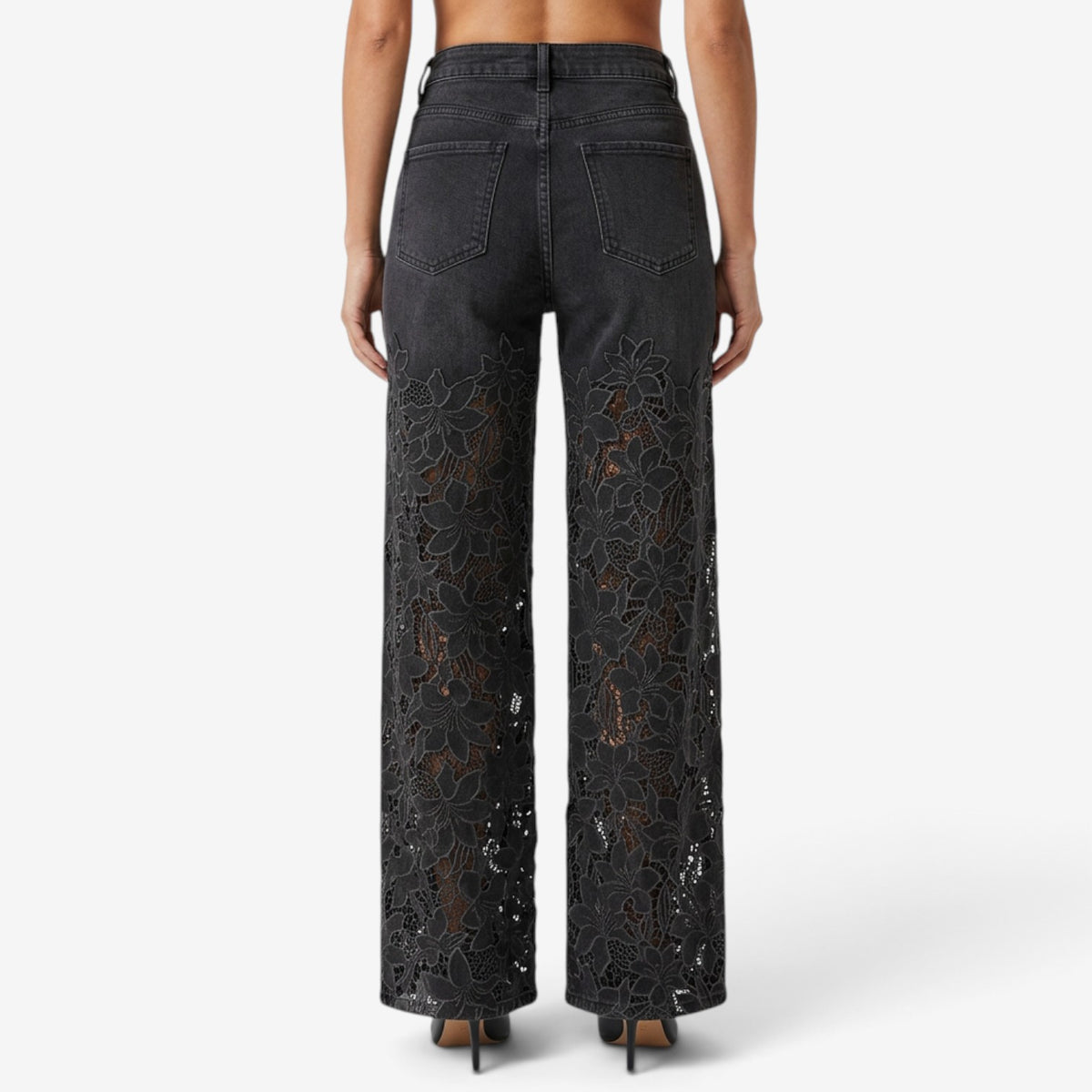 Vaqueros de Pierna Ancha con Encaje Floral para Mujer