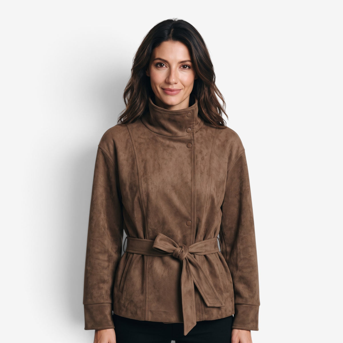 Chaqueta Corta con Cinturón y Cuello Alto para Mujer