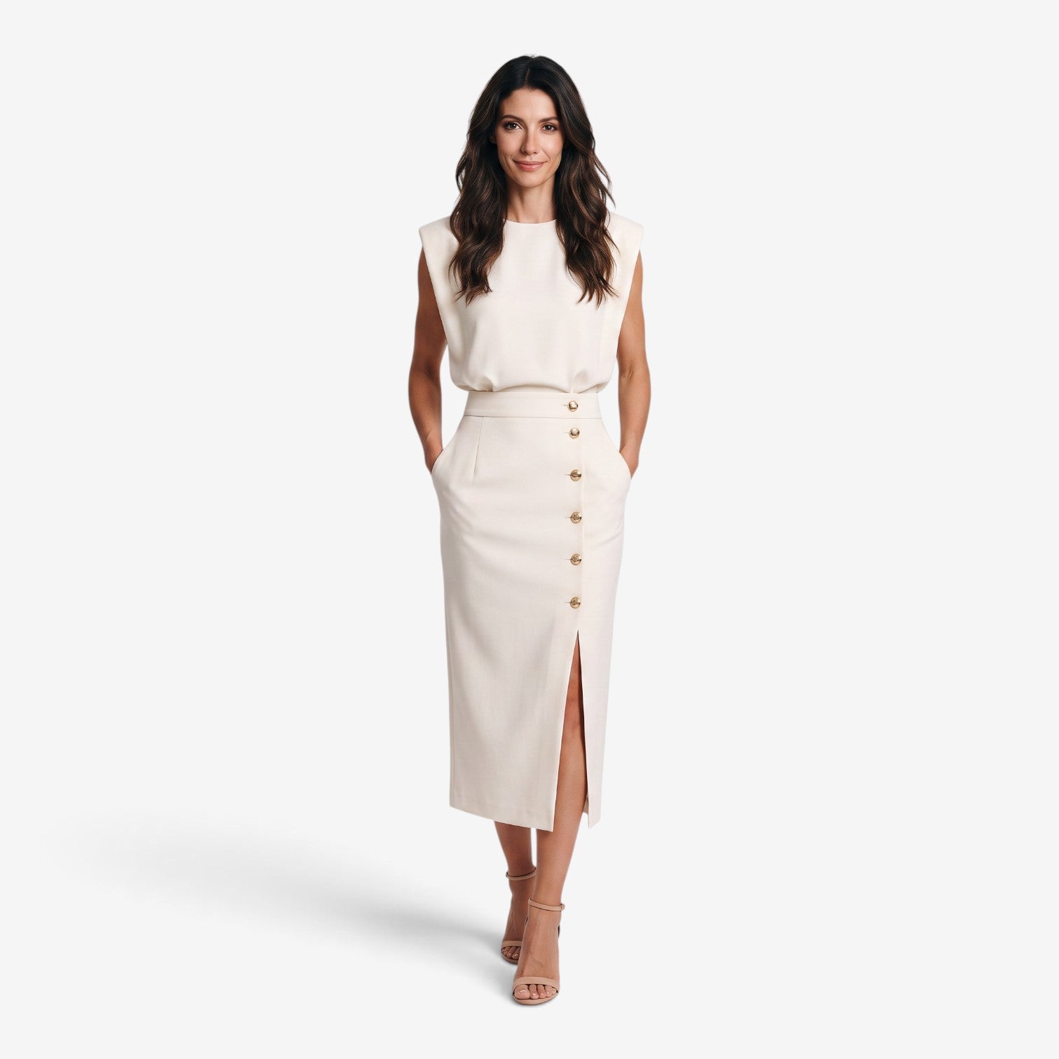 Vestido Midi con Botones Dorados para Mujer