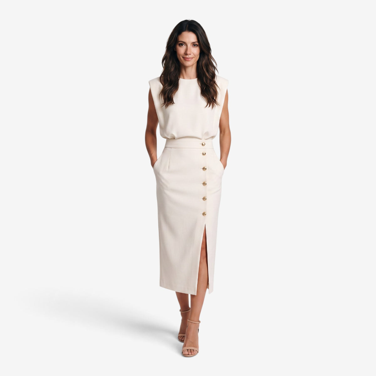 Vestido Midi con Botones Dorados para Mujer