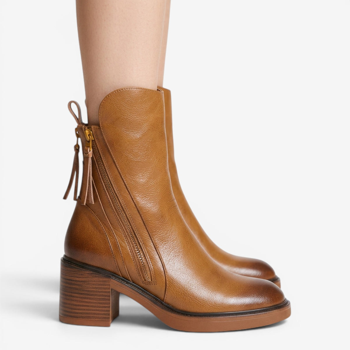 Botines de Piel con Tacón Ancho