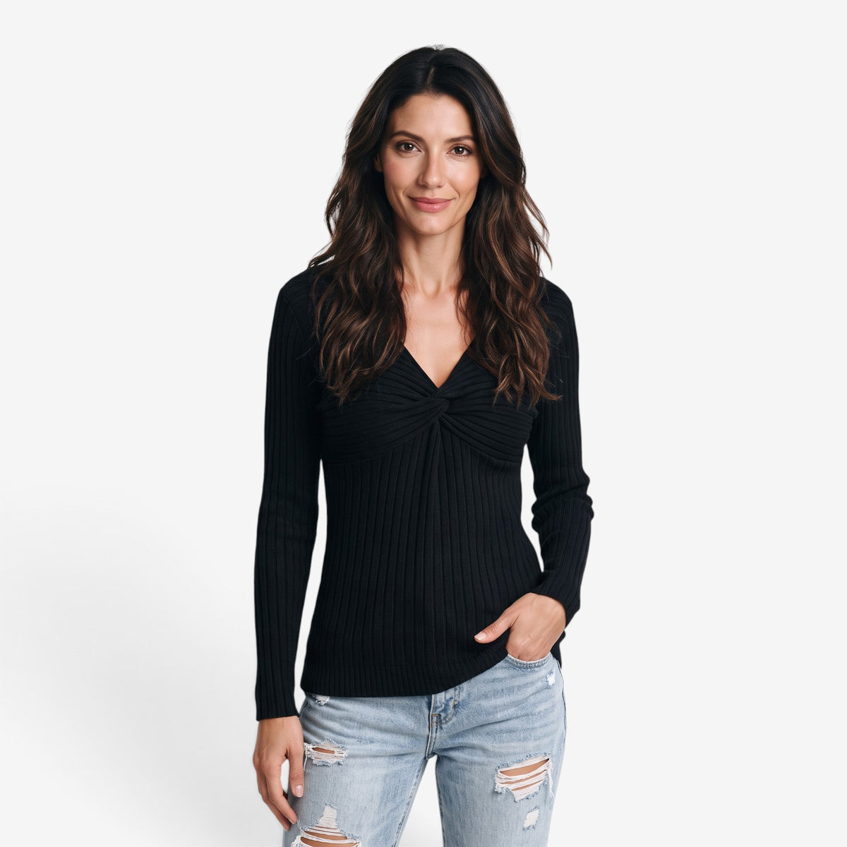 Jersey de Punto con Nudo y Cuello en V para Mujer