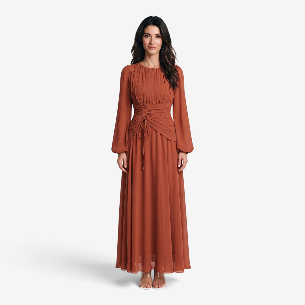 Vestido Largo Drapeado de Manga Larga para Mujer