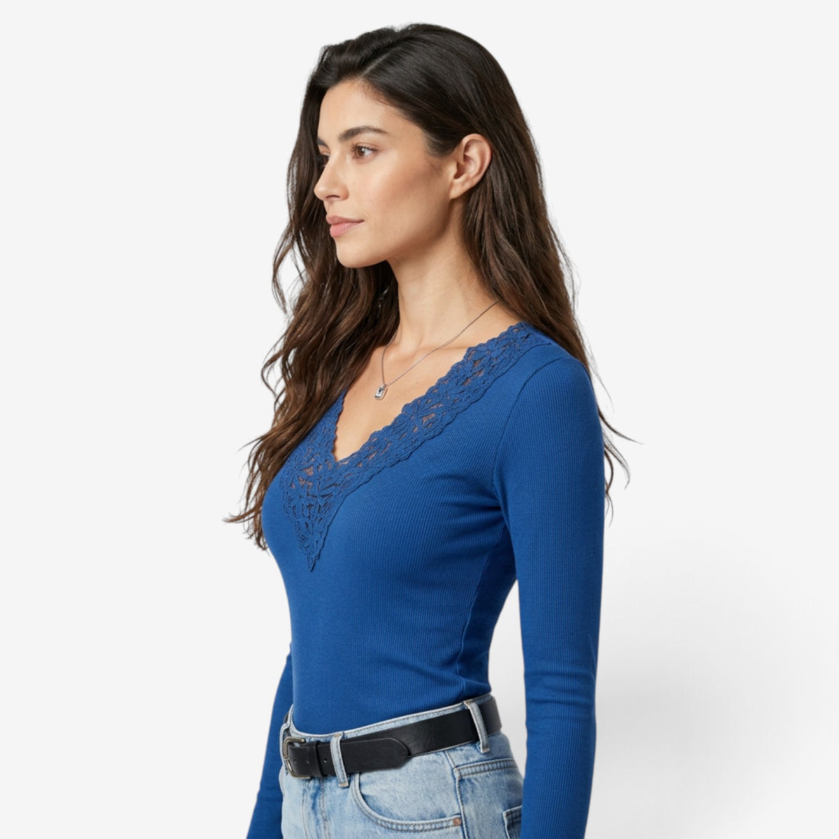 Top de Manga Larga con Escote de Encaje para Mujer