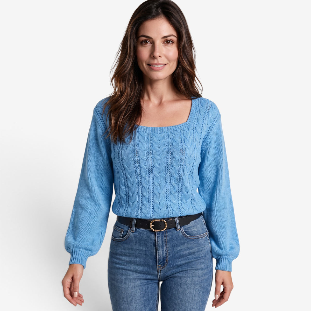 Jersey de Punto Trenzado con Escote Cuadrado para Mujer