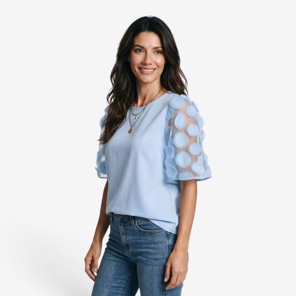Blusa con Mangas de Tul y Apliques para Mujer