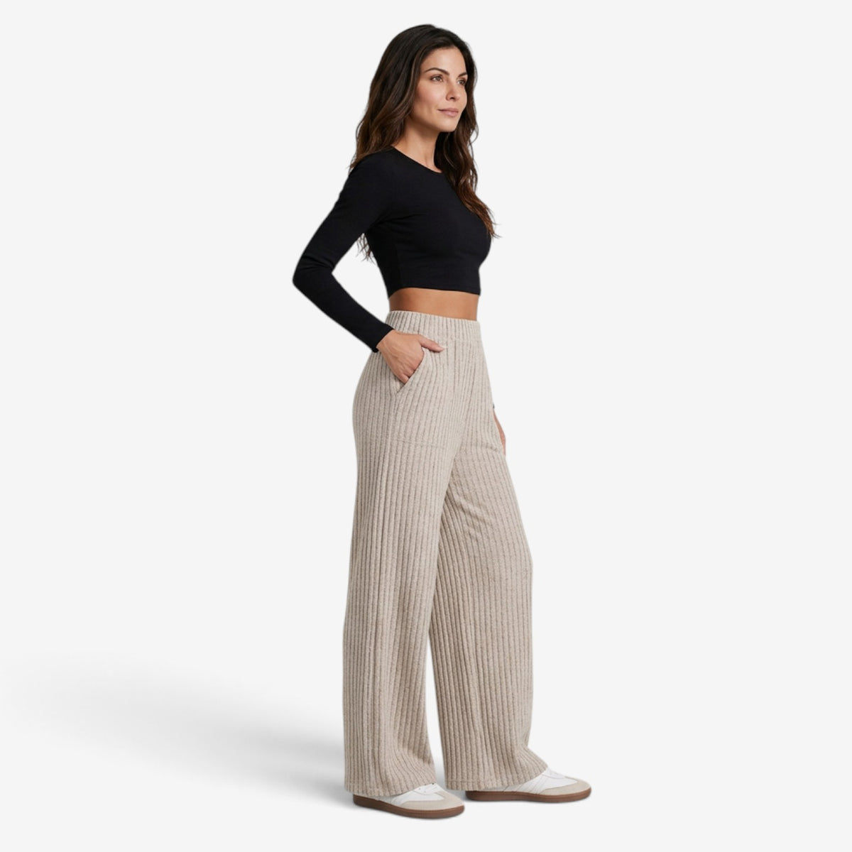 Pantalón Ancho de Punto Acanalado para Mujer